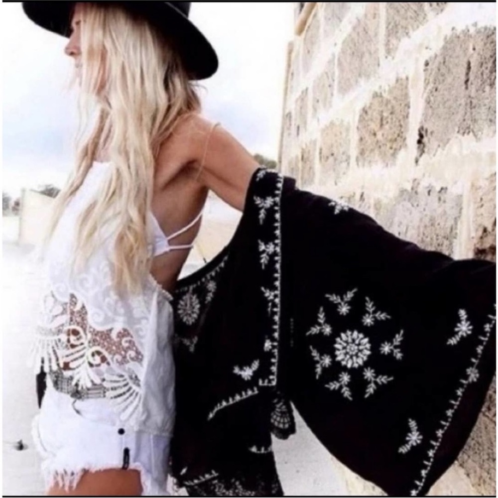 Free People Brown Boho Floral Embroidered Lace Trim Kimono Top Size XS